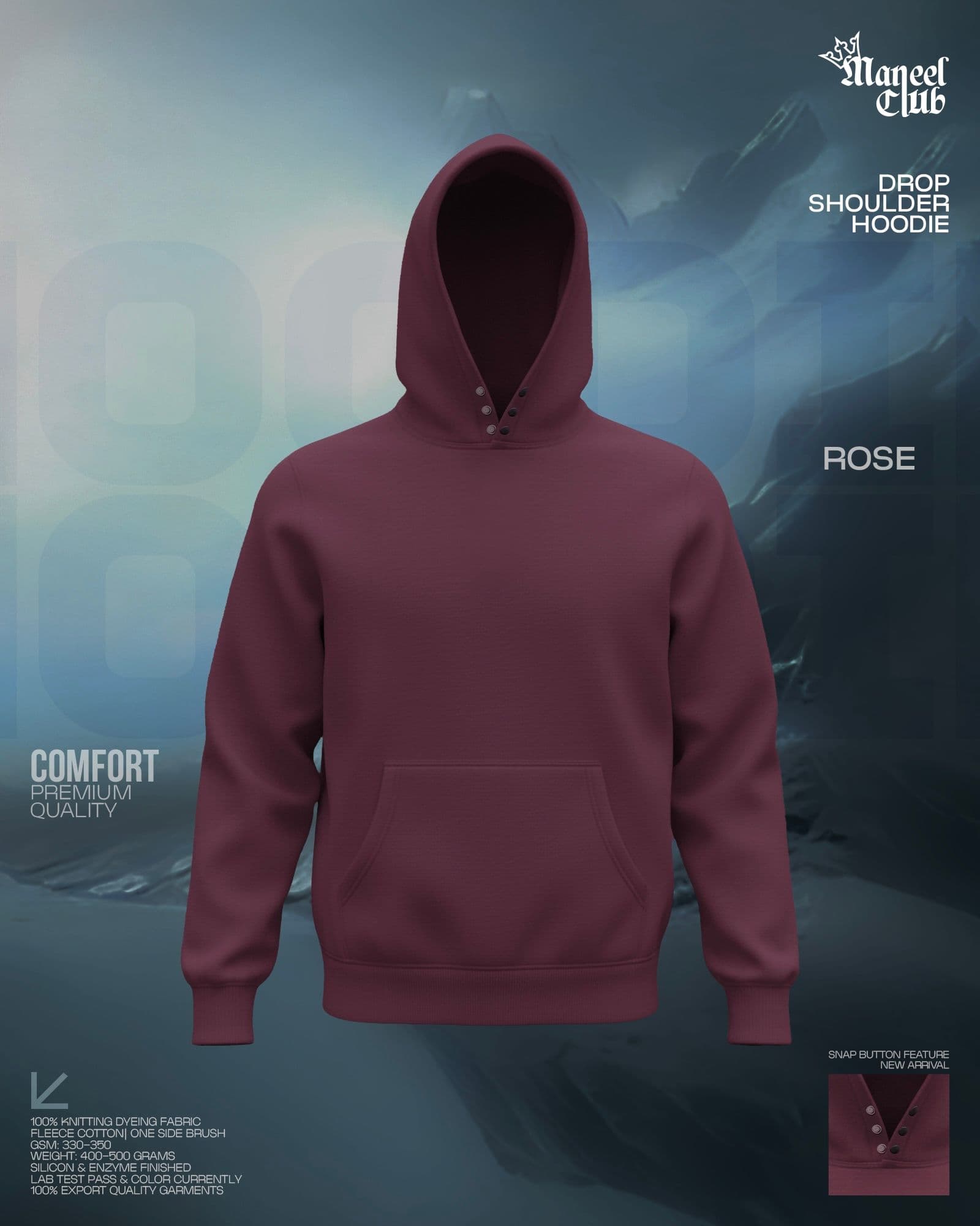 Snap Button Drop Shoulder Hoodie - Thumbnail 15